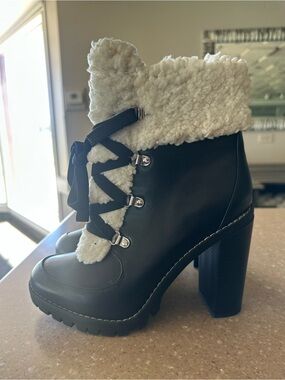 BCBGeneration Black Ankle Boots with Cream Shearling Trim